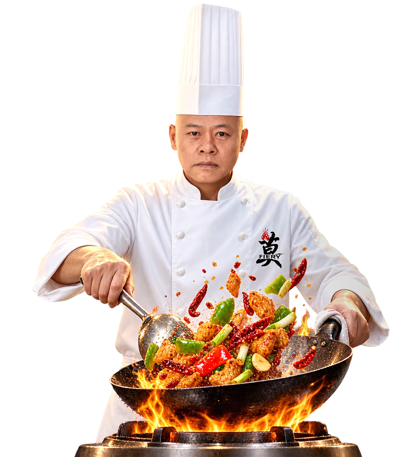 莫红明掌勺翻炒,食材跃起,锅底火焰升腾